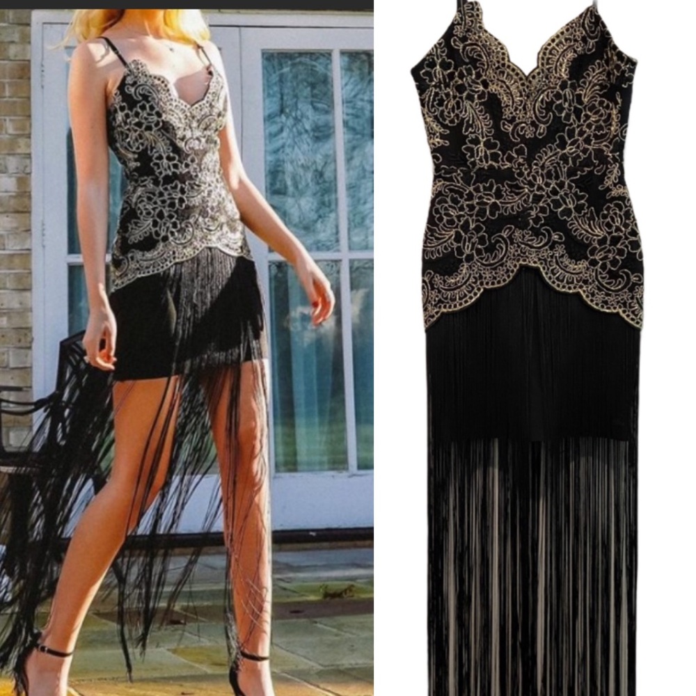 Elliatt Elegant Gold& Black Fringe Gown Like new